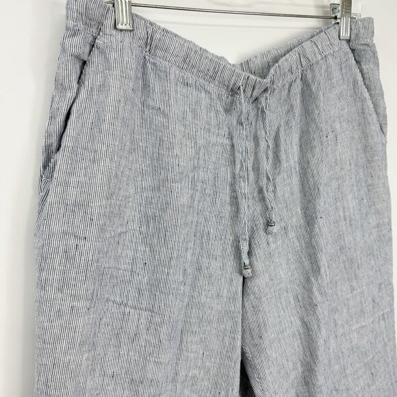 J Jill Love Linen Blue Striped Pants size Medium pull on Elastic Tie Waist - Picture 2 of 10